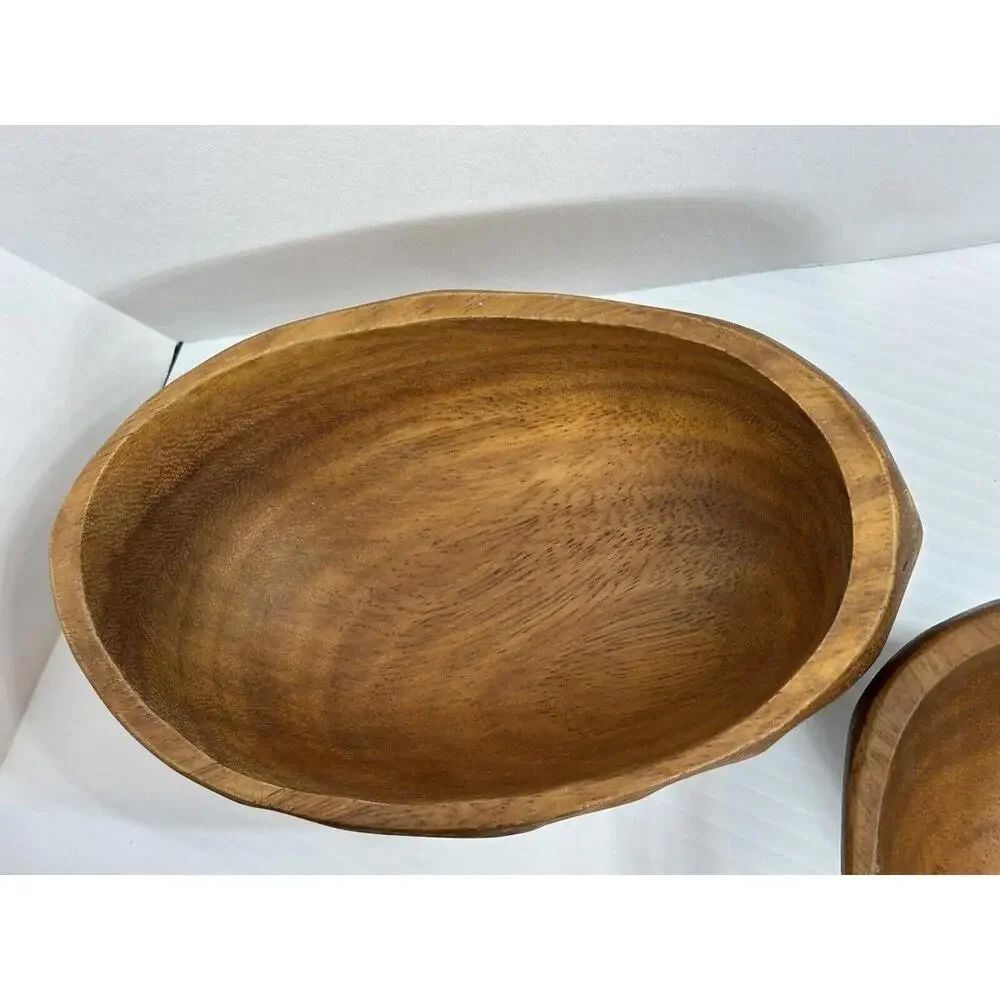 Vintage Wavy Oval Real Teak Wood Salad‎ Bowl Set Gorgeous Wood Grain 9 Niece